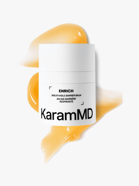 Enriched Breathable Barrier Balm in branded white packaging atop product swatch on light gray background